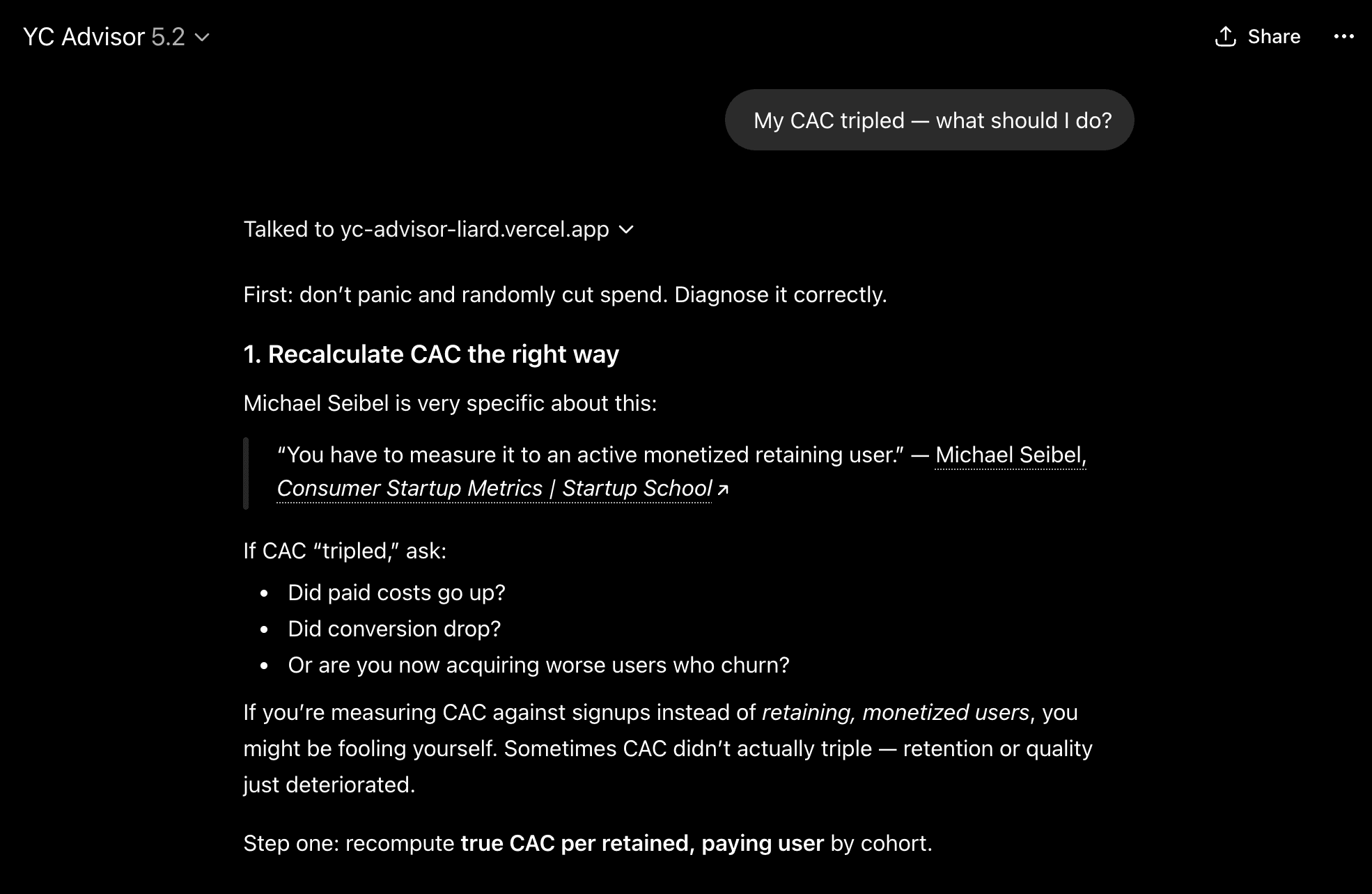 YC Advisor answering 'My CAC tripled — what should I do?' with cited YC partner advice
